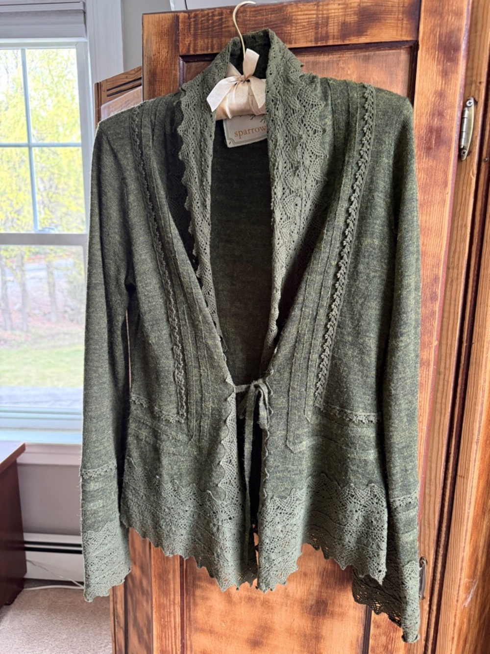 Sparrow (Anthropologie) Olive Lace-Trim Open Front Cardigan